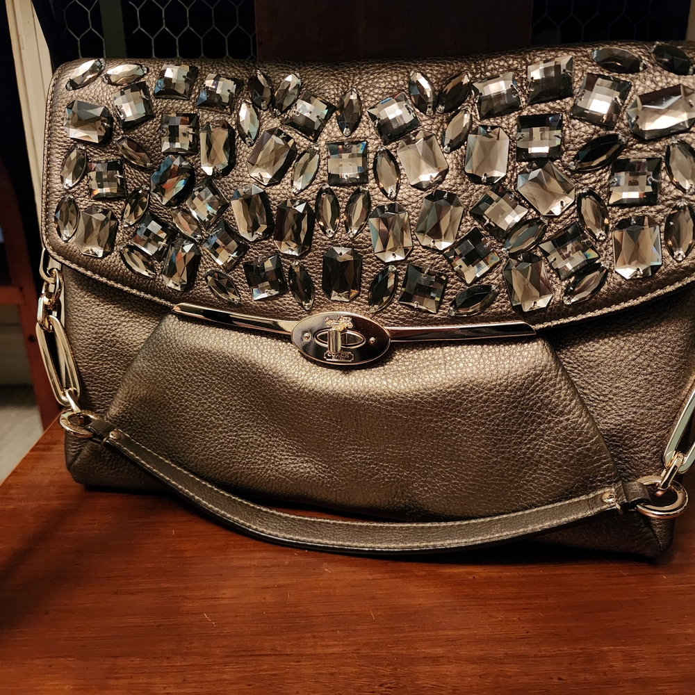Coach Jewled, Pewter Leather Handbag with Purple Interior